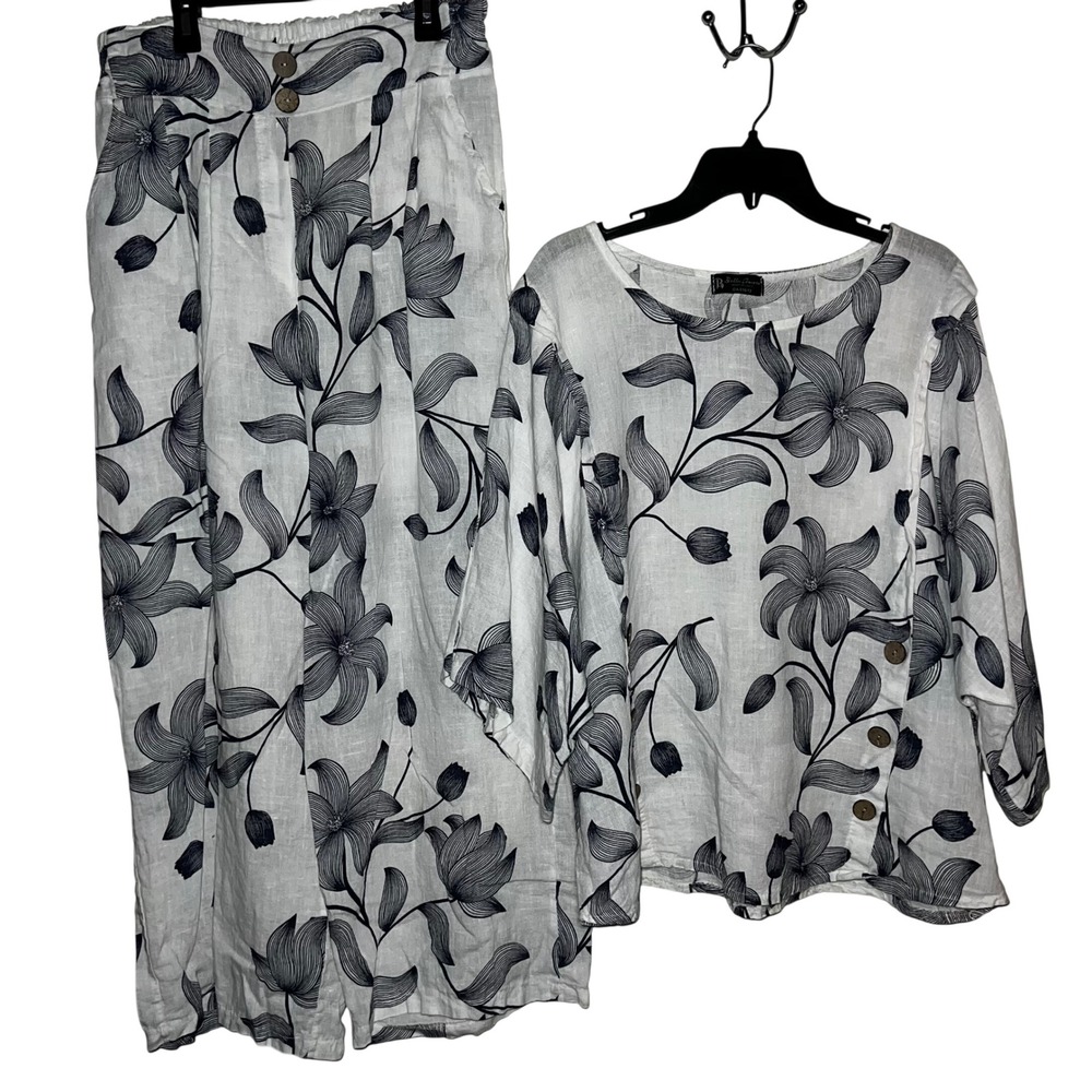 Bella Amore Pure Linen Floral Print Wide Leg Pants Top Set Made in Italy L XL